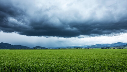 Fototapeta premium A vast green field under a dramatic sky filled with dark clouds, suggesting an impending storm.