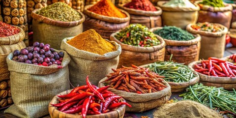 Fototapeta premium Aromatic Spice Market Display Colorful Assortment of Herbs and Spices in Rustic Burlap Sacks and Baskets