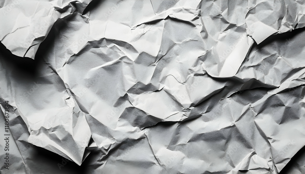 Poster abstract grayscale image of crumpled paper, showcasing texture and shadows. ideal for backgrounds or