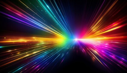 Fototapeta premium Bright rainbow light effect with rays and highlights, glow particle, black background