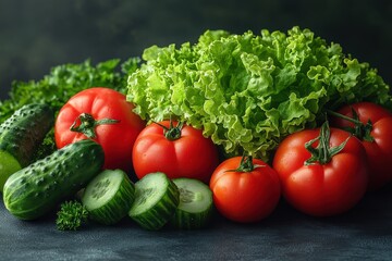 Fresh tomatoes, cucumbers, lettuce, and parsley.