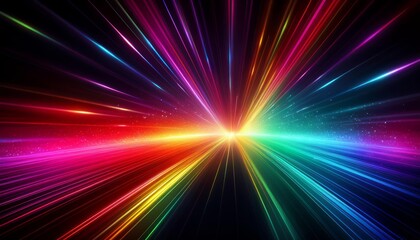 Bright rainbow light effect with rays and highlights, glow particle, black background