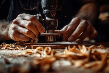 Close-up of carpenter's hands using a drill press to precisely shape wood.