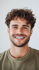 Obraz premium Smiling Young Caucasian Male with Braces in Casual Attire