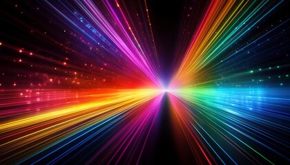 Obraz premium Bright rainbow light effect with rays and highlights, glow particle, black background
