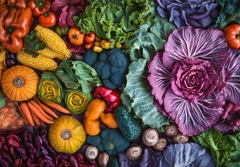 Vibrant Arrangement of Fresh Vegetables and Fruits in Vivid Colors Displaying Healthy Eating and Sustainable Living Concepts for Culinary Arts and Nutrition