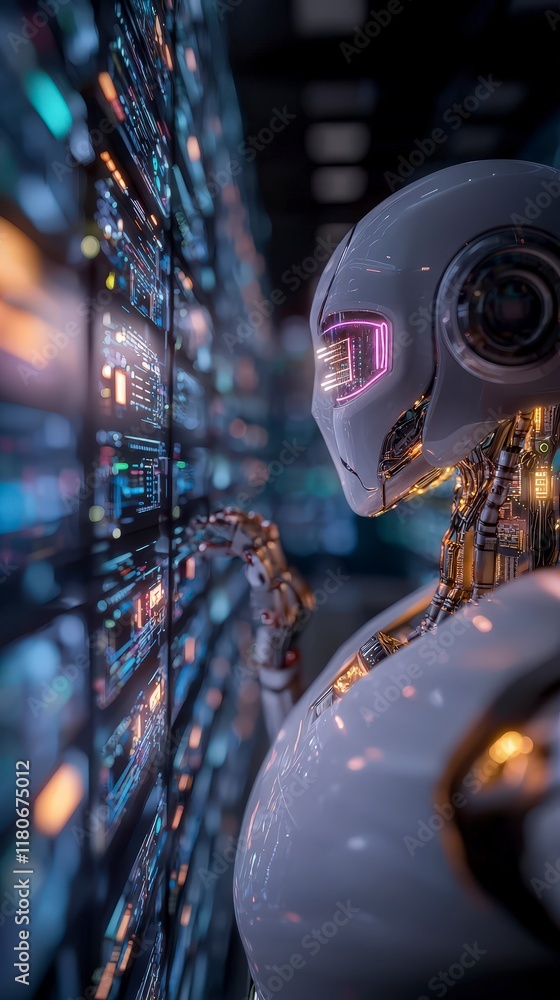 Poster futuristic robot in data center ai server room neon lights technology digital interfa