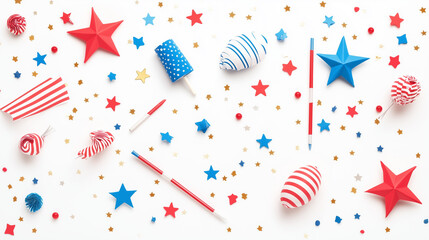 Obraz premium Red White Blue Celebration: A vibrant flat lay of red, white, and blue stars, flags, candy, and confetti in a playful, festive arrangement. Perfect for 4th of July, Memorial Day.