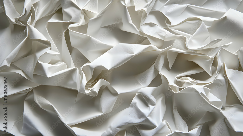 Poster abstract image of crumpled white fabric, showcasing texture and folds. ideal for design backgrounds 