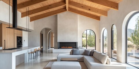 Modern home interior with high ceilings, arched windows, and a minimalist design.
