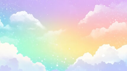 Fototapeta premium Magical Rainbow Sky with Fluffy Clouds and Abstract Purple-Green-Yellow Background.