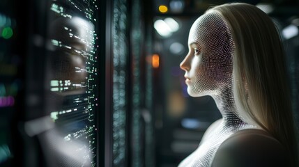 Naklejka premium Futuristic Woman AI Digital Data Center Neon Lights Technology Network Server Room
