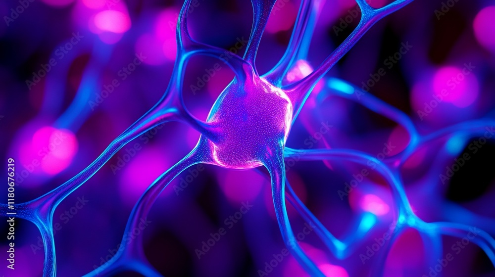 Poster microscopic view of a vibrant neuron with glowing synapses and dendrites.