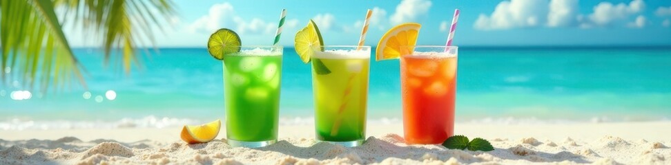 Three colorful tropical drinks on a beach; vibrant green tea, coffee, and a third drink , ocean, coffee
