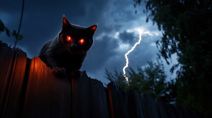 Mysterious Black Cat on Fence During a Storm