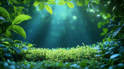 Magical forest scene with glowing lights and lush greenery.