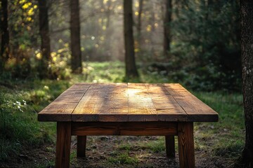 Rustic wooden table in sunlit forest. Perfect for showcasing products or creating a serene, natural scene.