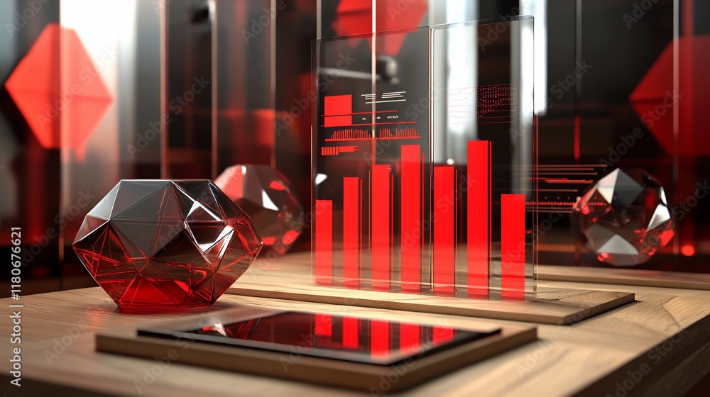 Poster red glass gems and bar graph on digital screen display.