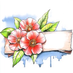 Vibrant Hand-Drawn Floral Illustration: Delicate Blooms Gracefully Adorn a Watercolor Banner. AI Generated