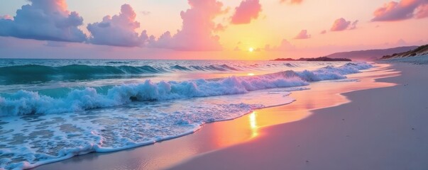 Fototapeta premium Soft pastel sunrise paints sky above gentle waves washing over smooth, reflective sand , white, summer
