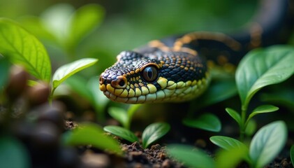 Obraz premium Close-up of a serpent's head, camouflaged in foliage, wild, snake
