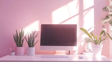 Sunlit Pink Workspace With Plants And Computer