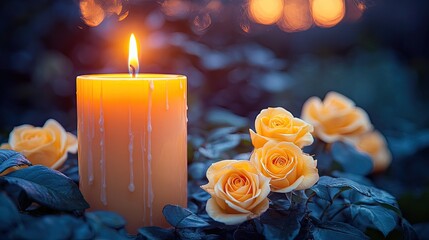 Lit candle with dripping wax beside yellow roses. Perfect for sympathy cards, remembrance, or loss.