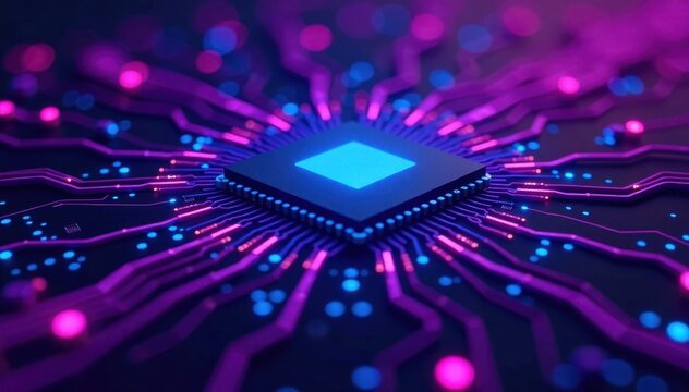 Vibrant purple and blue tech circuit backdrop , light, high-tech