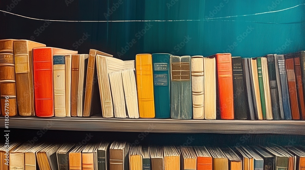 Poster colorful bookshelf displaying various books in warm tones