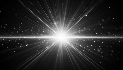 Fototapeta premium Bright white light effect with rays and highlights, glow particle, black background