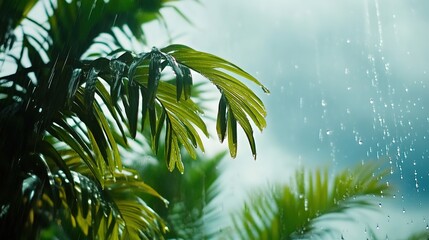 Obraz premium Raindrops on Wet Glass with a View of Palm Trees and Green Foliage Against a Dramatic Gray-Blue Sky. Captivating Rainy Day Scene in the Tropics