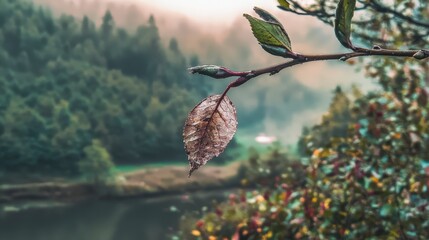 Autumn Leaf Branch Over Misty Forest River Landscape