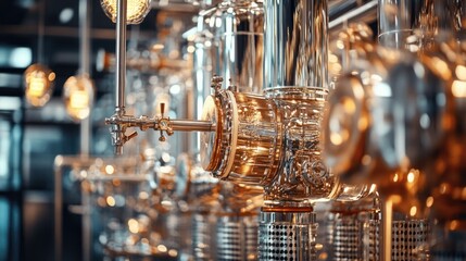 Fototapeta premium High-tech distillation columns with intricate piping and valves, clean environment 