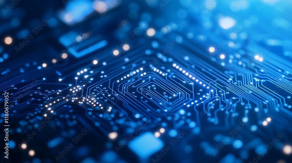 Poster close-up of illuminated circuit board, showcasing intricate pathways and connections.