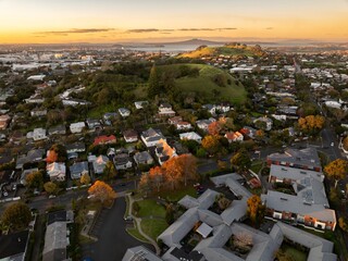 Aerial view of Auckland, New Zealand, residential neighborhood at sunset. Colorful autumn foliage...