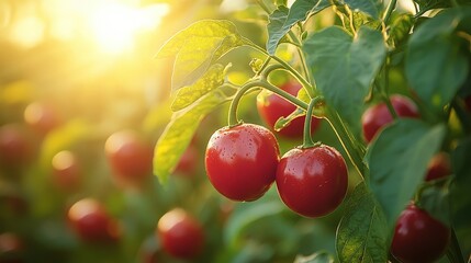 Obraz premium Sunlit red peppers ripening on plant.