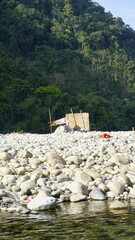 Beautiful camping tents for tourists in Dawki or Umngot River, located at Meghalaya