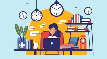 Woman at Desk with Laptop and Books in Creative Workspace