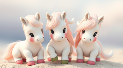 Three adorable pastel unicorns playfully gathered together on a sandy surface. A whimsical, charming scene perfect for children's products or fantasy settings.