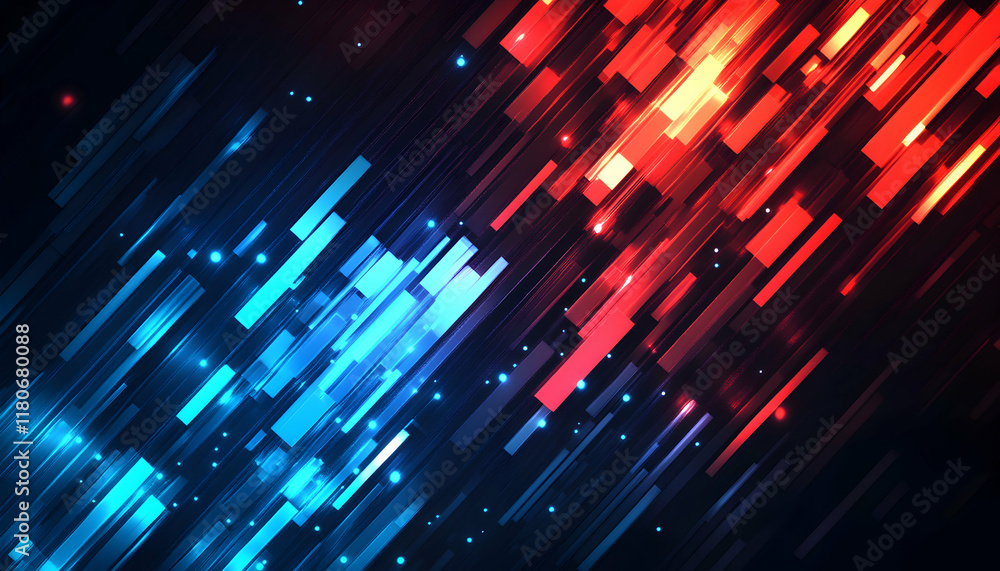 Poster abstract dynamic background with diagonal red and blue glowing lines, perfect for tech, energy, and 