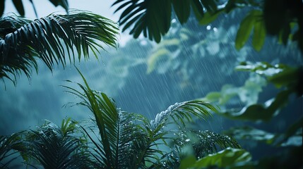 Naklejka premium Raindrops on Wet Glass with a View of Palm Trees and Green Foliage Against a Dramatic Gray-Blue Sky. Captivating Rainy Day Scene in the Tropics.