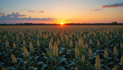 Sunset over a field of sorghum plants at harvest
