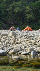 Beautiful camping tents for tourists in Dawki or Umngot River, located at Meghalaya