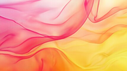 Obraz premium Vibrant Red, Yellow, and Pink Silk Chiffon Scarf with Soft Wavy Folds. Bright and Elegant Background for Design, Perfect for Banners and Panoramic Layouts.