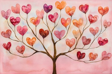 Soft Brown Painted Tree with Branches and Heart-Shaped Leaves
