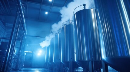 Industrial alcohol fermentation tank with steam rising, modern factory setting 