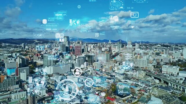 dx, digital, transformation, ai, ict, 5g, city, society, aerial view, drone, bird eye view, buildings, construction, design, industry, business, information, data, system, engineering, future, townsca