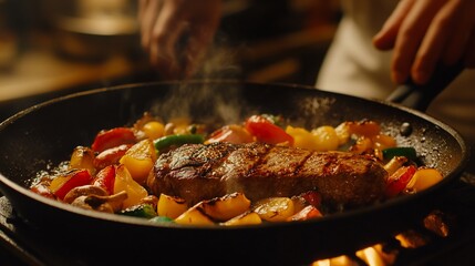 Sizzling steak and vegetables cooking in a pan.