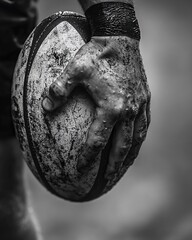 Close-up of muddy hand gripping a rugby ball.