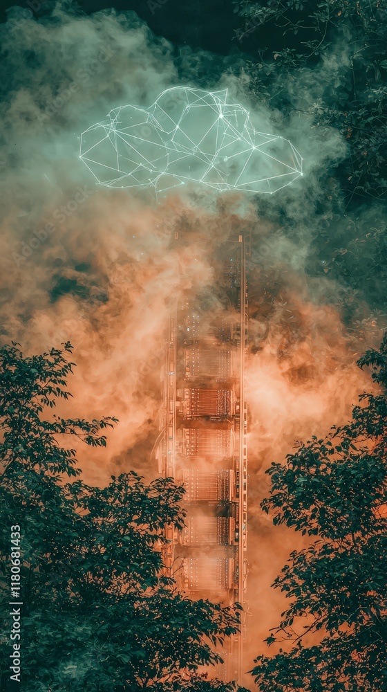 Poster futuristic cloud computing data center in misty forest